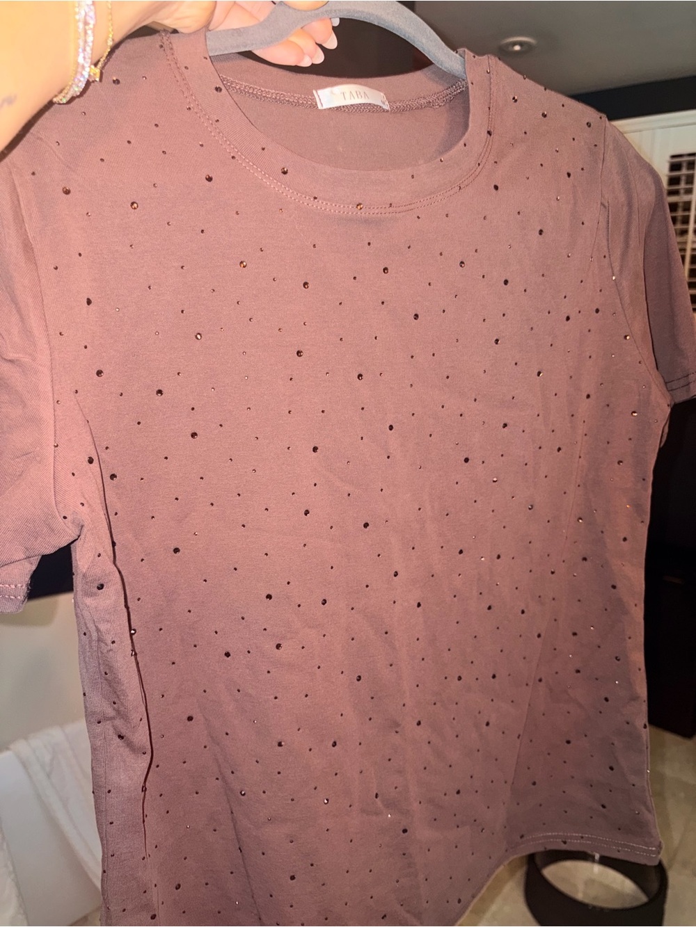 NWOT Boutique Stretchy Chocolate Brown Tee with Chocolate Brown Rhinestones